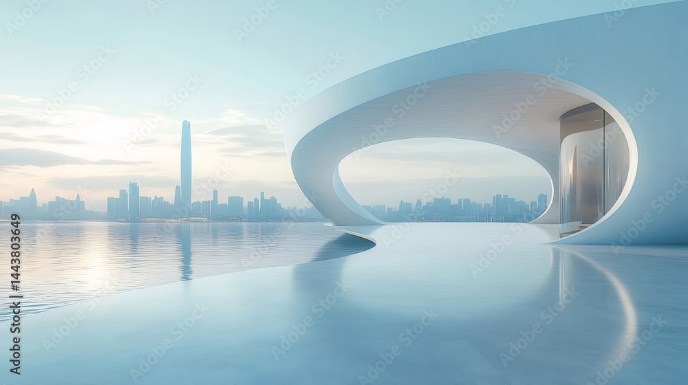 Poster 未来的な白い建築と水面の都市景観 明るい青空の下の洗練されたデザイン