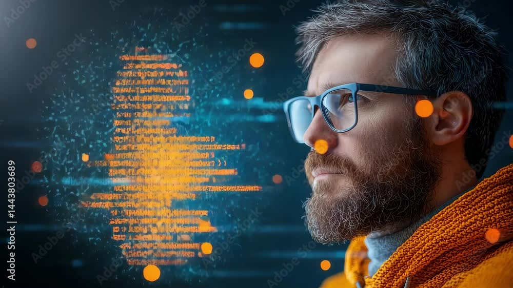 Poster man with glasses and beard focused digital data visualization with glowing orange and blue elements
