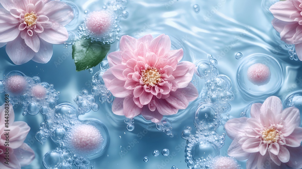 Aufkleber ピンクの花と水滴の美しい水面背景の抽象的なデザイン