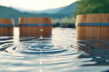 Water droplets ripples wooden barrels nature scene calm surface tranquility spa wellness