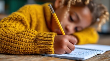 A young child in a warm yellow sweater focuses on writing in a notebook, embodying creativity and concentration, highlighting the beauty of childhood learning amidst a cozy atmosphere.