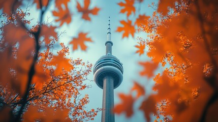 Autumnal view of iconic tower through colorful foliage