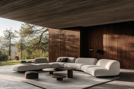 Modern sectional sofa set in outdoor space with natural light and wood accents  Open-concept living area with a view of a landscape