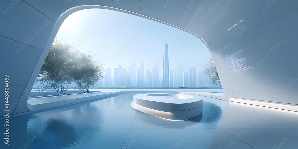 Poster 青い未来都市のパノラマ風景 現代建築と水辺の美しさ 抽象的で透明な空間デザイン