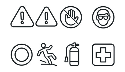 Line style icons of construction safety signs: caution sign, danger triangle, restricted zone, protective gear required, no entry, slippery surface, fire extinguisher, first aid.