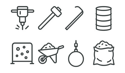 Line style icons of demolition equipment: jackhammer, sledgehammer, demolition bar, debris chute, dust shield, wheelbarrow, wrecking ball, rubble bag.