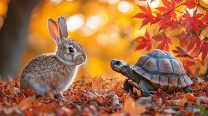 Autumnal woodland scene with a rabbit and turtle