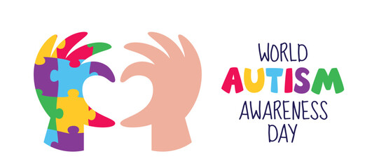 Horizontal banner with hands in a heart gesture for World Autism Awareness Day. Vector illustration web banner design