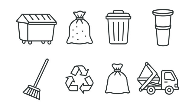 Line vector icons of waste management: dumpster, rubble sack, dust bin, debris chute, broom, recycling symbol, waste bag, skip loader.
