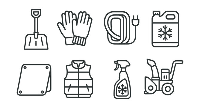 Line style icons of winter construction: snow shovel, insulated gloves, heating cable, antifreeze additive, tarp cover, thermal vest, de-icer, snow blower.