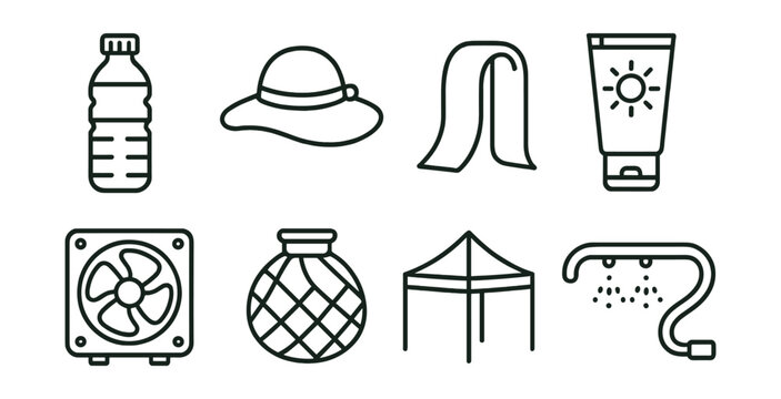 Line style icons of summer construction: water bottle, sun hat, cooling towel, sunscreen tube, ventilation fan, ice pack, shade tent, misting hose.