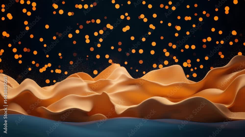 Aufkleber abstract orange fabric wave with glowing bokeh lights and floating dots on dark background