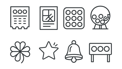 Line vector icons of lottery elements: lottery ticket, scratch card, numbers grid, draw machine, lucky clover, winning star, jackpot bell, result board.