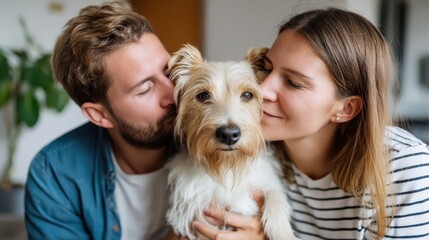 This heartwarming image features a couple embracing their beloved dog, showcasing love, connection, and the joy of companionship between humans and pets in a cozy home setting.