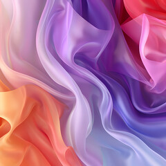 Obraz premium Imaginative abstract background featuring flowing, translucent fabric or silk in vibrant pastel gradients of orange, pink, purple, and blue. Ethereal texture. 