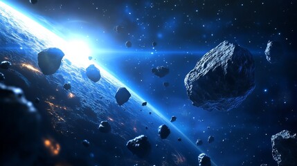 Stunning asteroid field near planet dramatic space scene blue cosmos 3d art sky dark glow rocks image