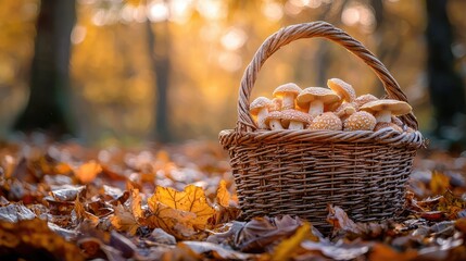 Basket of mushrooms in autumnal forest