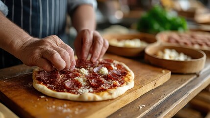 A captivating image of hands adding toppings to a pepperoni pizza, highlighting the joy of creating a perfect meal in a cozy kitchen setting.