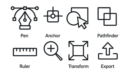 Line style icons of creative toolsets: pen tool, anchor point, shape builder, pathfinder, ruler, zoom icon, transform tool, export symbol.