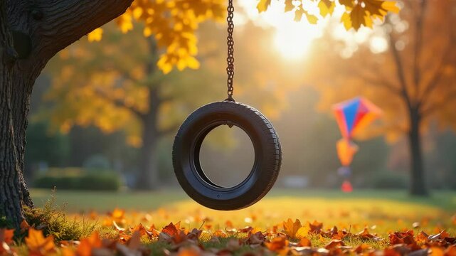 Vintage tire swing hanging from tree in colorful autumn park swaying in golden sunset light &ndash; nostalgic 4K motion fall season scene with flying kite in background
