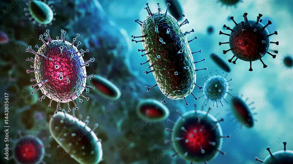 Poster exploring the intricate world of microscopic organisms and their fascinating interactions in a vibra