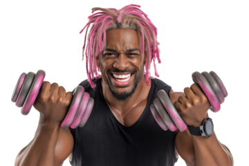 Dynamic African American fitness instructor with pink dreadlocks lifting weights, ideal for fitness and lifestyle content.