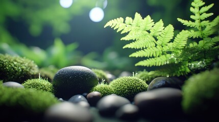 Lush green moss and smooth, dark stones create a serene, miniature landscape with a vibrant fern frond. A peaceful, natural scene