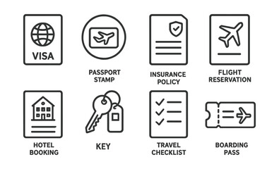 Line vector icons of travel essentials: passport, plane ticket, suitcase, backpack, map, compass, GPS navigator, airplane.