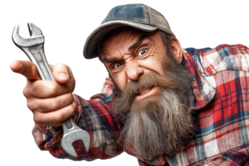 Fierce portrait of a bearded American truck driver with a wrench, ideal for illustrating ruggedness and determination.