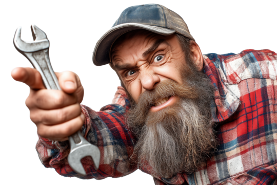 Fierce portrait of a bearded American truck driver with a wrench, ideal for illustrating ruggedness and determination.