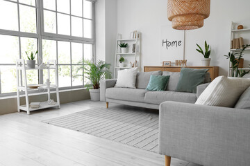 Interior of living room with grey sofas, shelf units and plants
