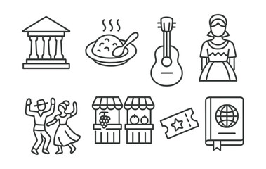 Obraz premium Line vector icons of cultural exploration: museum, local cuisine, traditional costume, music instrument, folk dance, market stalls, cultural show ticket, travel diary.