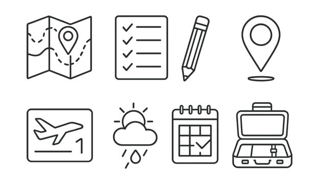 Line vector icons of travel planning: itinerary map, travel checklist, pencil, destination pin, flight number, weather forecast, day planner, suitcase open.