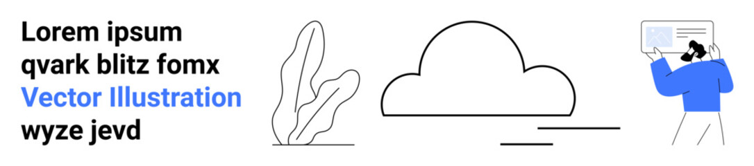 Man holding a document, cloud graphic, abstract plant, and text. Ideal for technology, cloud storage, data sharing, documentation, presentations minimal design simple landing page