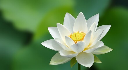 White Lotus Flower Blooming with Yellow Center on Green Backdrop