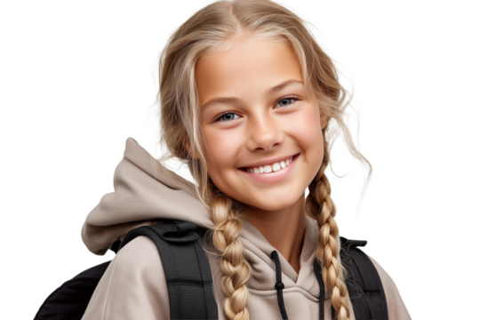 Radiant Smile: Happy scandinavian Schoolgirl with Backpack Ready to Learn isolated