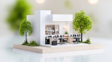 Miniature cafe model on a wooden base, surrounded by greenery