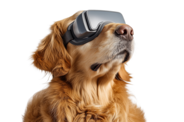 Curious Golden Retriever Wearing VR Headset Exploring Virtual Reality. Dog depression therapy