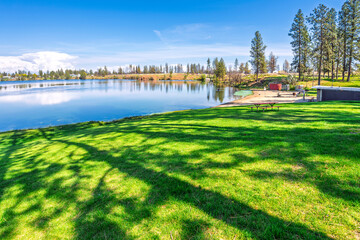View from Medical Lake Waterfront Park of the small shallow Medical Lake, a popular flyfishing spot in the rural community east of Spokane, Washington State.