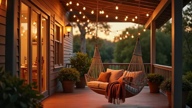 Boho hanging rope chair on wooden porch with warm sunset lights and string bulbs &mdash; tranquil 4K motion veranda scene