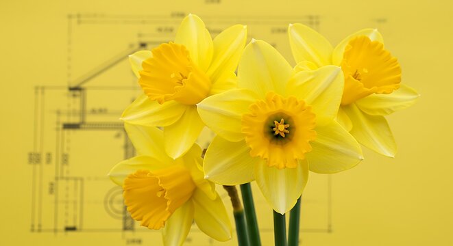Yellow Daffodils with House Blueprint Springtime Concept