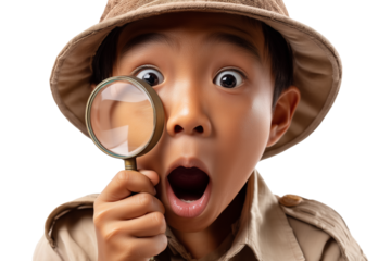Astonishing Discovery: Young asian Explorer with Magnifying Glass in Utter Surprise