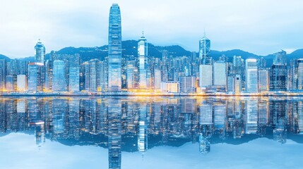 Obraz premium Hong Kong skyline at dawn, mirrored in water