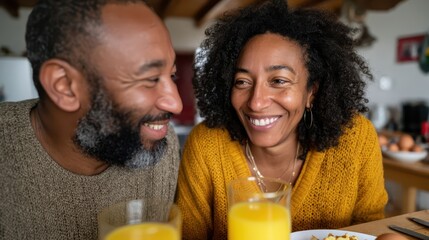 This image captures an intimate moment between a couple enjoying breakfast together at home, radiating warmth, joy, and connection over shared food and laughter.