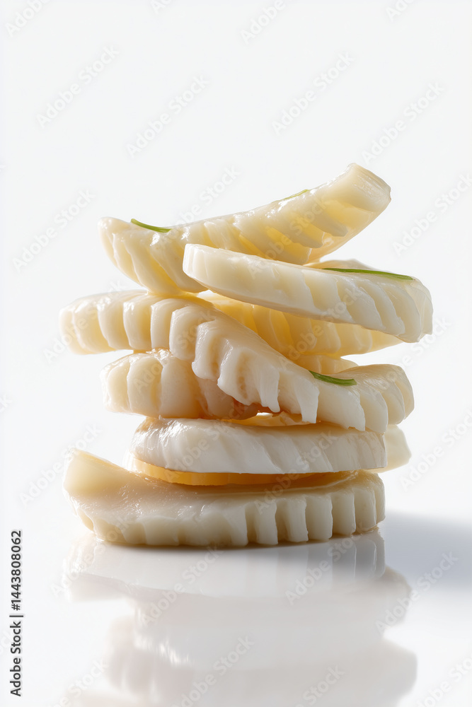 Poster slices of ripe bananas arranged in a stack against a clean white background creating a bright and in