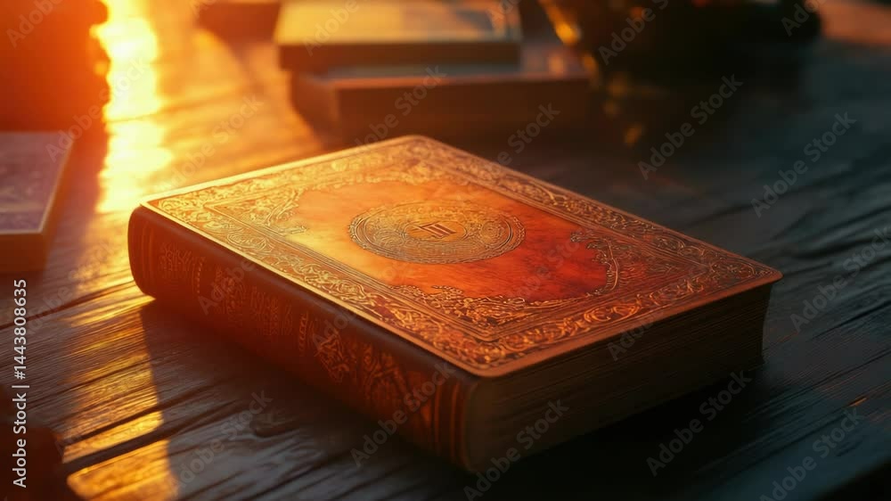 Poster an open book sits on top of a wooden table, ready for reading