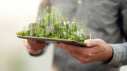 Hands holding tablet with virtual cityscape