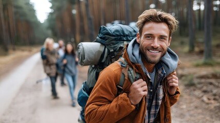 Fototapeta premium A cheerful man smiles warmly at the camera while leading a group of friends through a scenic forest trail, showcasing the joy of outdoor adventures and camaraderie.