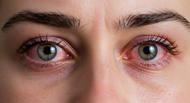 Close-up of red, irritated eyes with details of the iris and eyelashes, showing discomfort.