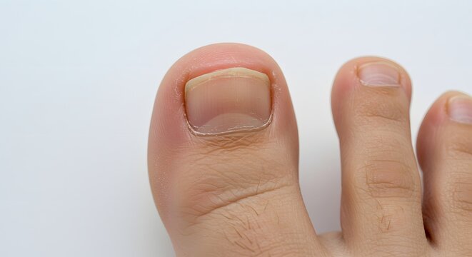 An intimate view of a human foot, highlighting the big toe and its detailed, natural toenail on white.
